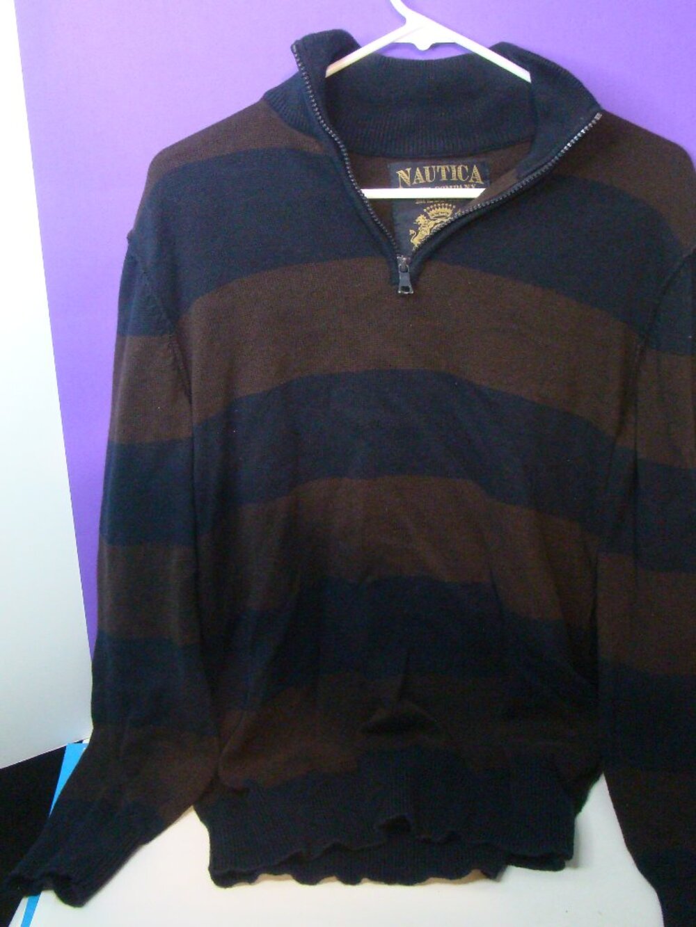 Nautica Sweater Mens Medium Burgundy Blue Knit Crewneck Pullover Long Sleeve